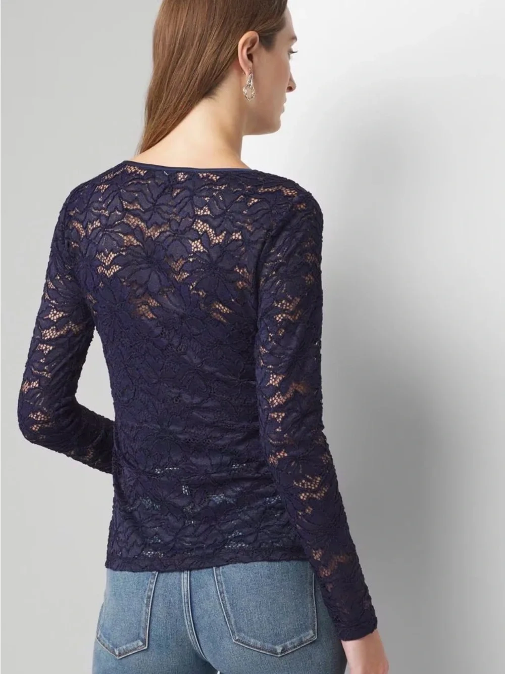 Lace Crew White House Black Market Navy Lace Long Sleeve Tee